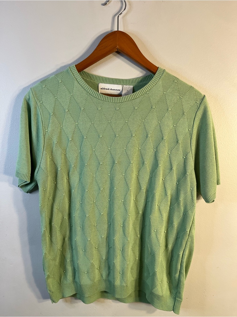 Alfred Dunner Sweater Light Green Short Sleeve Diamond Knit Top